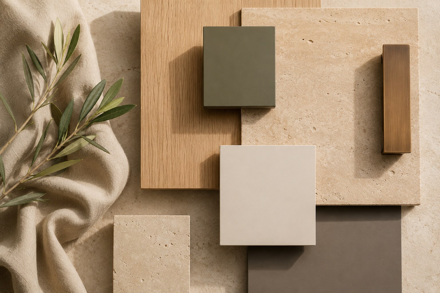 Moodboard met aardse kleuren, hout, steen, textiel en brons